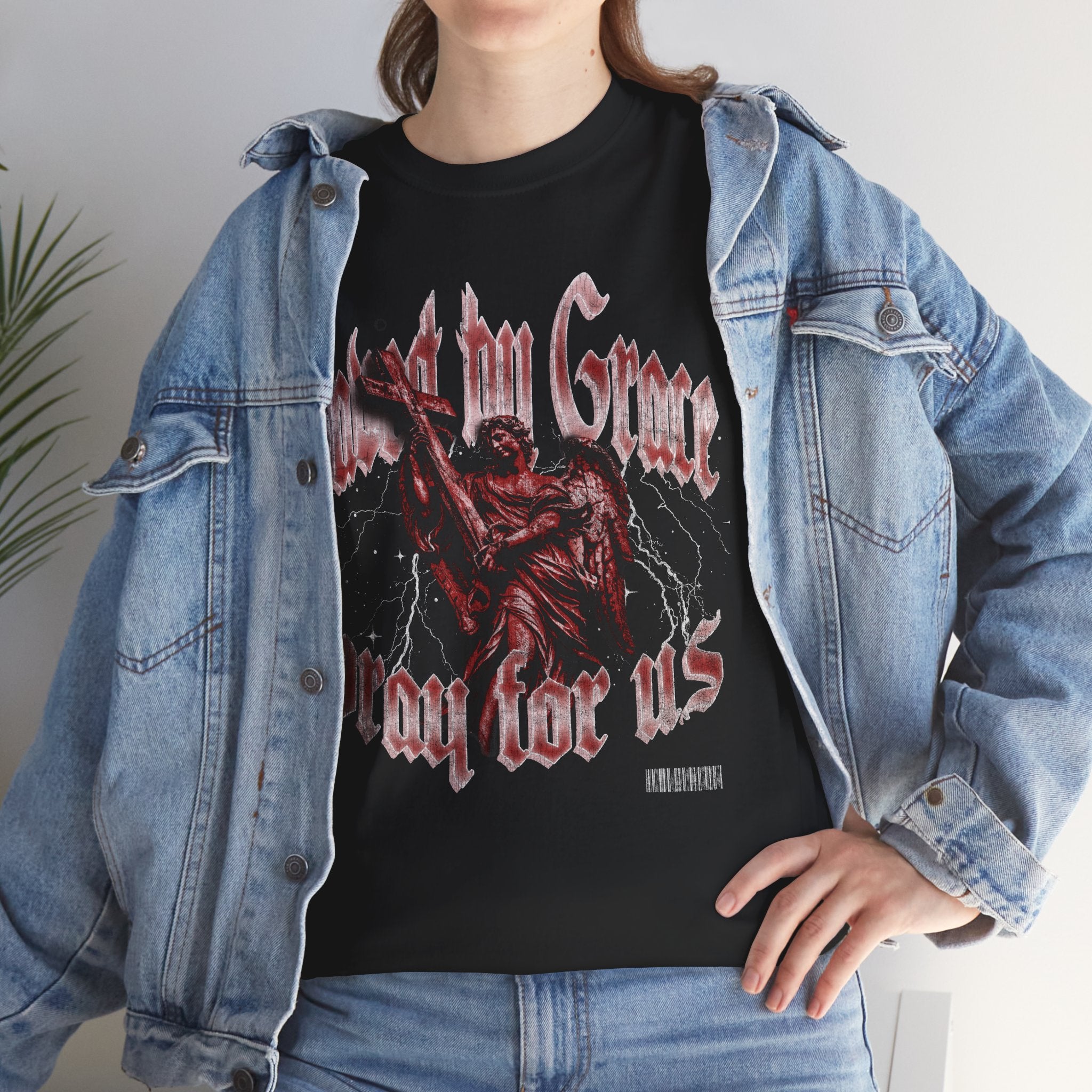 Christian streetwear t-shirt with angelic warrior design – worn look, spiritual warfare theme