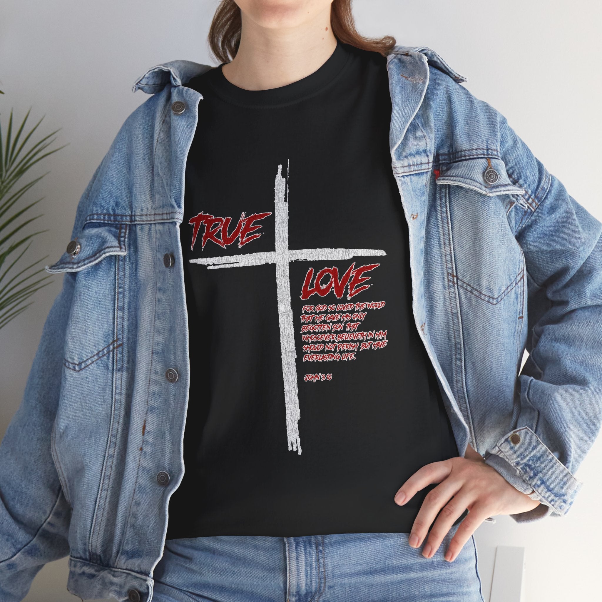 Christian graphic tee with cross design and ‘True Love’ message in red – faith-based streetwear