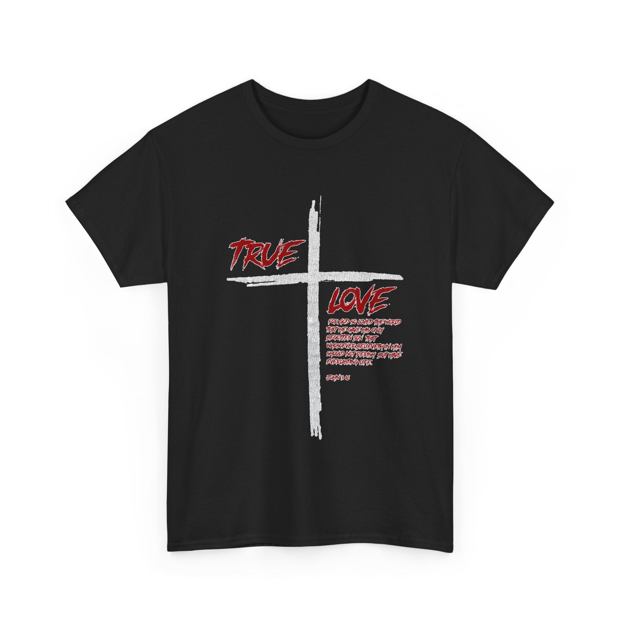 Christian cross tee flatlay with “True Love” red lettering – faith-based apparel design